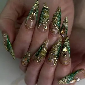 Emerald Luxe Press On Nails | 3D Green Gold Gem Nail Art | Handmade Glamorous Luxury Nail Set | Elegant Encrusted Press Ons