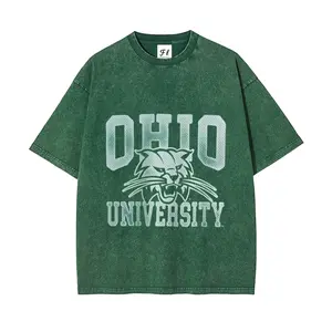 Vintage Washed Ohio University Bobcats Oversized T-Shirt | Green Acid-Washed College Graphic Tee | Retro Game Day Streetwear Casual Top