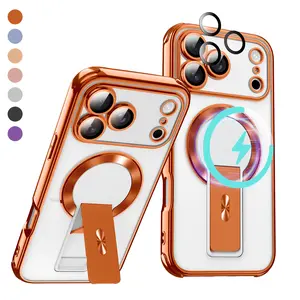 Magnetic Electroplated Clear Case for iPhone 17 Pro Max/17 AIR 16 Pro 15 14 plus 13,Built-in Invisible Kickstand & Camera Lens Protector,Shockproof Protection Transparent Durable Phone Cover