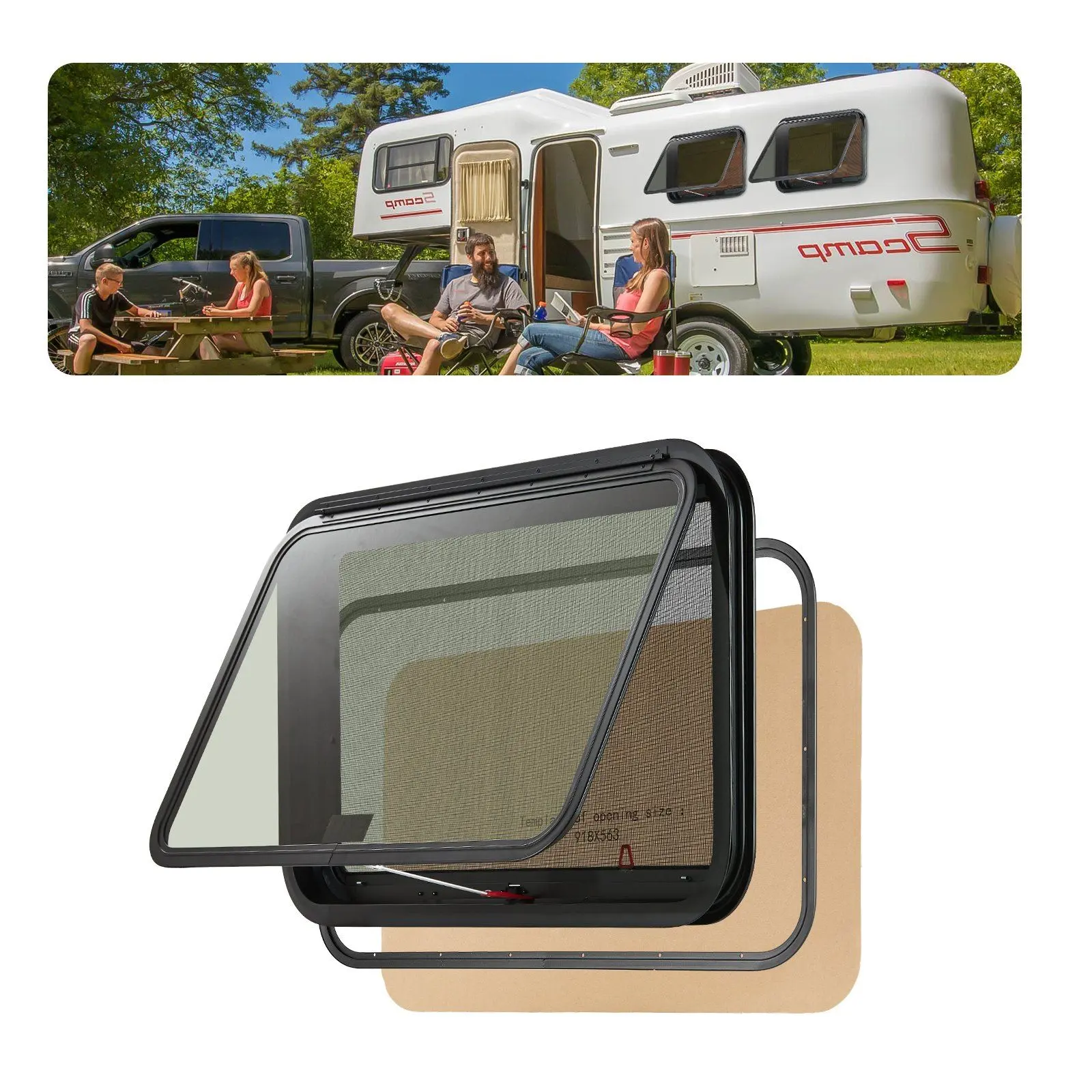 VEVOR RV Emergency Push-Out Exit Window, 36" W x 22" H Scratch-Resistant Tempered Glass, Aluminum Alloy Frame, with Screen & Ring, Enhanced Privacy Protection, for Camper, Teardrop Trailer, Scratch Resistance
