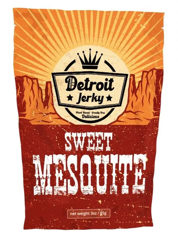 Detroit Jerky - Sweet Mesquite!  A delicious and smoky mesquite barbeque flavor, vegan jerky that is perfectly sweetened with a touch of agave!