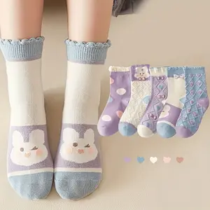 5 pairs of girls' polka dot rabbit cute pattern socks, breathable and comfortable crew socks, children's fashionable summer and spring socks