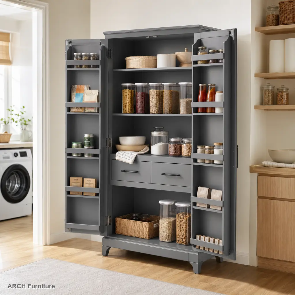 TOPMAX Gray High Freestanding MDF Kitchen Pantry Storage Cabinet - Floor-Based, Adjustable, Full-Size, Functional, Indoor Tall Cupboards (40.2x20x71.3in), 2 Drawers, 2 Adjustable Shelves, 8 Door Shelves, Assembly Video Included, for Kitchen, Dining Room,,