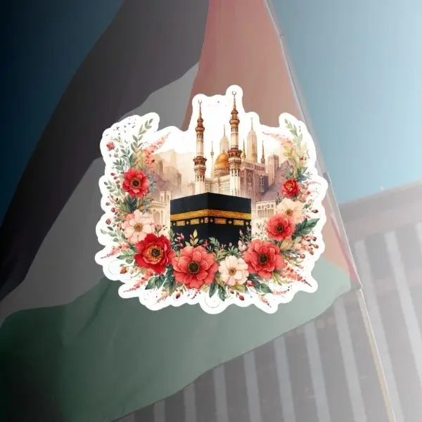 Kaaba Floral Sticker, Mecca Mosque Watercolor Decal, Islamic Holy Site Art Vinyl Sticker, Muslim Gift Aesthetic Waterproof Sticker