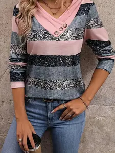 Women's Colorblock Striped Print Button Front Tee, Casual Long Sleeve Polo Neck T-shirt for Daily Wear, Ladies Clothes for All Seasons