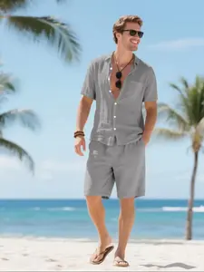 Men's Linen Loose-Fit Plain Short Sleeve Shirt & Shorts Set, Casual Outfit Set, Breathable Tropical Summer Beach Vacation, Fashion Casual Aesthetics Vibe Lightweight Comfortable Fabric Clothing Menswear