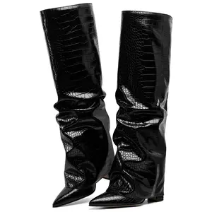 EROCALL Women's Black Slouchy Knee High Boots Pointed Toe Fold Over Design with Chunky Heel Shark Inspired Fashion Boots SpringStatements