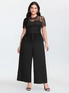 BLOOMCHICPlus Size Wide Leg Overalls - Sheer Lace Neckline, Ruffled Waist, Patchwork Design, Pocket Detail, Short-Sleeve Fit for Ladies, [M-6X]2026 Summer Vibes Women Womenswear