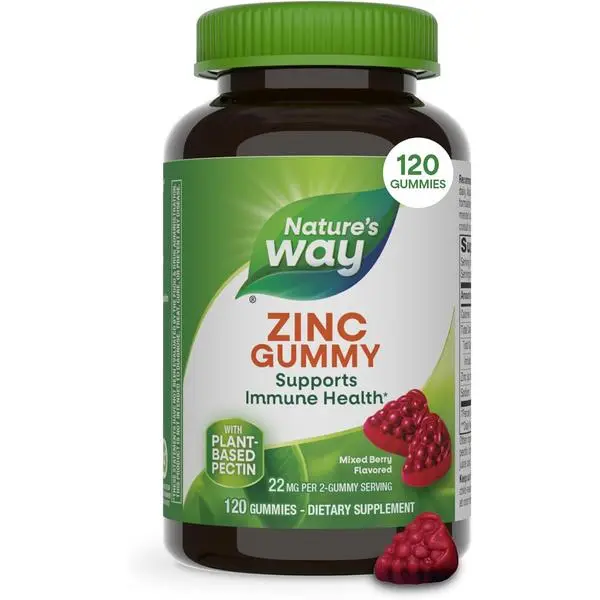 Nature's Way Zinc Gummies, Immune Support Gummy with 100% Daily Value of Zinc per 1-Gummy Serving*, Adults & Kids 9+, Gluten Free, Plant-Based Pectin, Mixed Berry Flavored, 120 Gummies