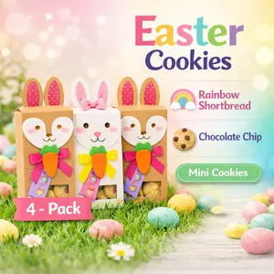 Easter Bunny Cookies - 4 Pack Variety with 2 Classic Chocolate Chip & 2 Colorful Rainbow Shortbread Cookies for Easter Baskets Gifting or Springtime Snacking