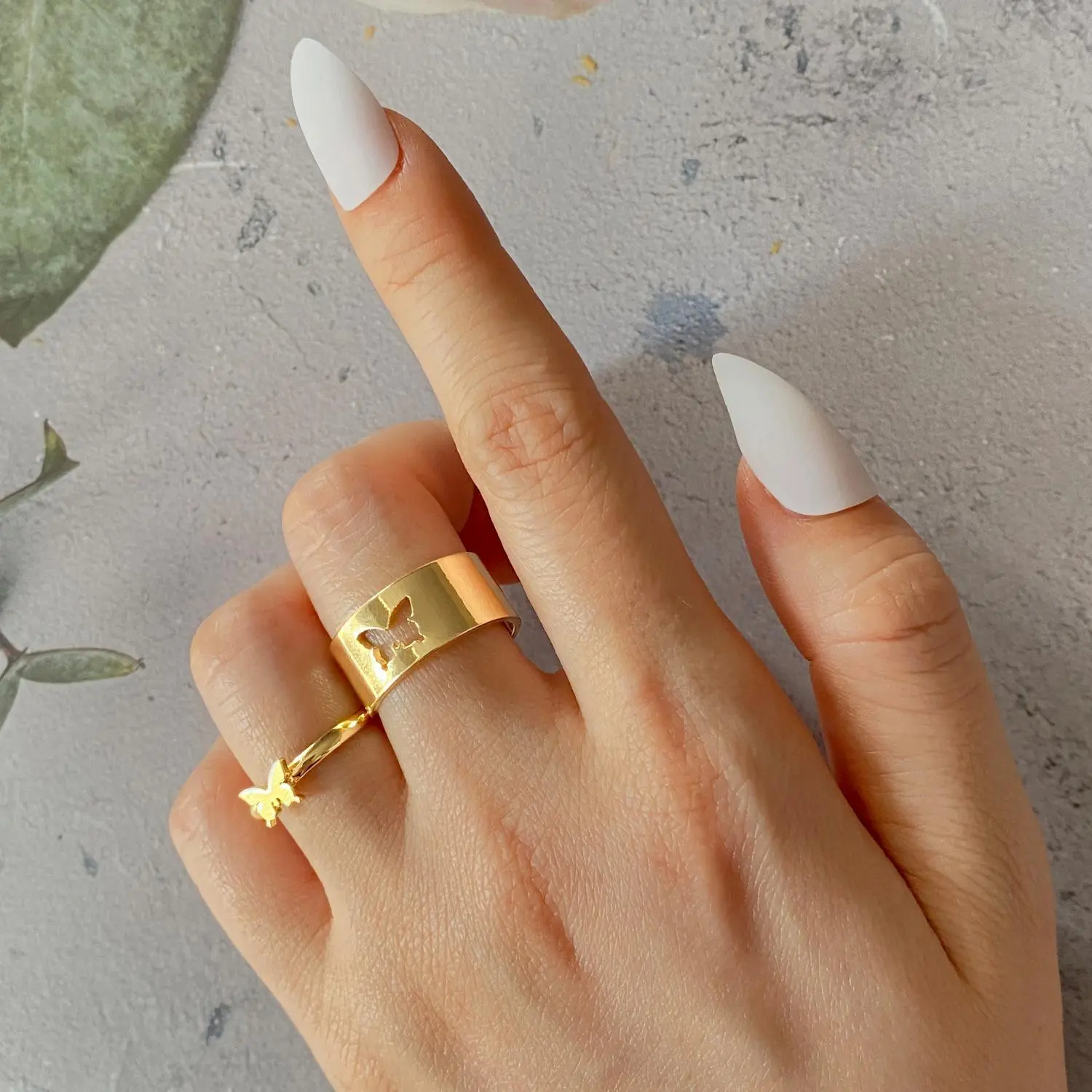 Butterfly Ring Set - Creative Personality 2-Piece Punk Style Couple Ring in Gold & Silver Adjustable Open Size Electroplated Alloy