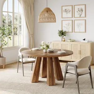 47" Round Wood Dining Table for 4-6, Farmhouse Circle Kitchen Table with Sturdy 4-Leg Base, Rustic Grey Dinner Table for Living Room, Apartment, or Small Space (Table Only)