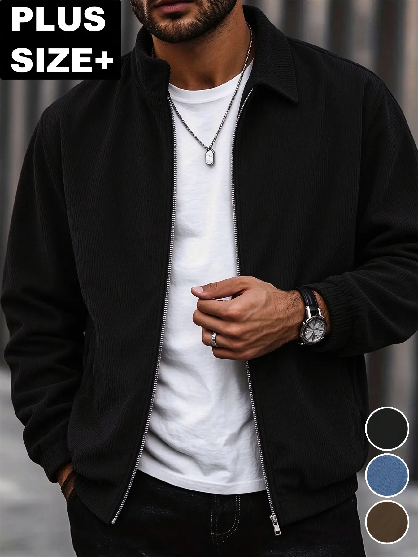 Men's Plus Size Casual Jacket, Full Zip Ribbed Textured Coat with Turn Down Collar, Long Sleeve Lightweight Outerwear for Fall & Winter, Big and Tall Men's Fashion Streetwear, Everyday Work and Travel