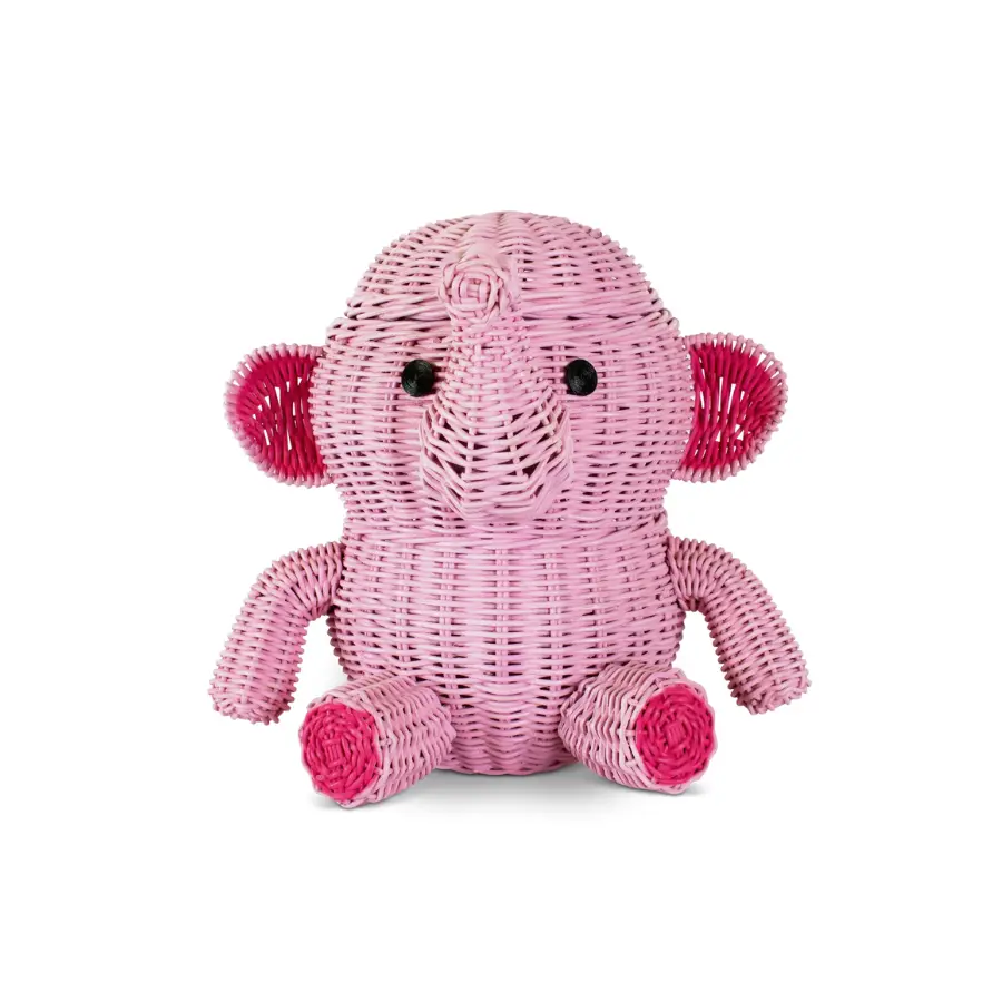 Large Pink Elephant Rattan Storage Basket with Lid Decorative Home Decor Hand Woven Shelf Organizer Cute Handmade Handcrafted Gift Decoration Wicker