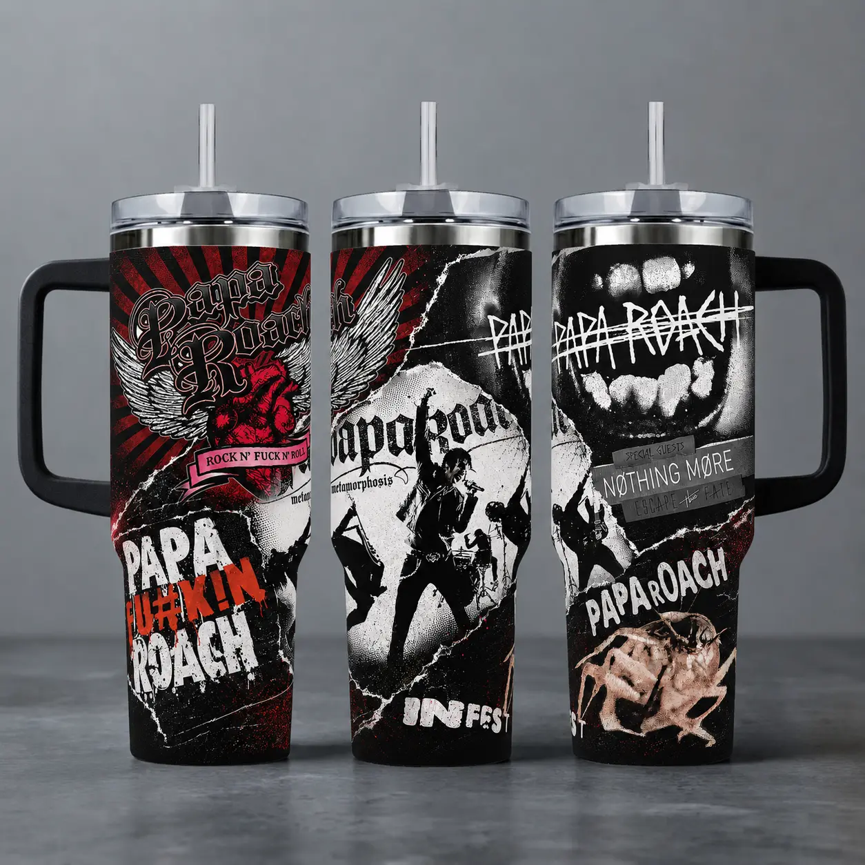 Papa Roach "Infest & Metamorphosis" Vintage Rock Band Tumbler, 20oz & 40oz Insulated Travel Mug with Handle. Alternative Metal Music Graphic Merch, Perfect Gift for Papa Roach Fans