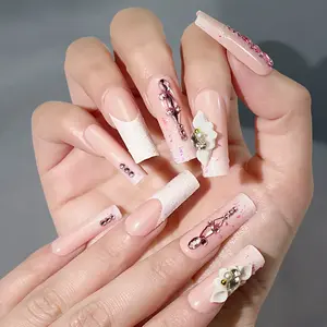 Long Rectangle Daisy Nail Tips, Nude Color Press-On Nails, Full Coverage Fake Nails for Women and Girls, 24 Pieces Set