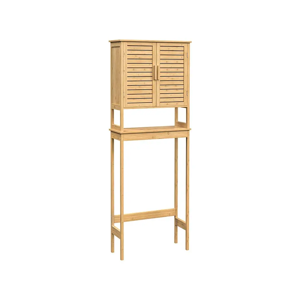 SONGMICS HOME Bamboo Over-The-Toilet Storage Cabinet with Charging Station, Adjustable Inside Shelf, Bottom Stabilizer Bar, Clean Design - Adjustable Storage Bathroom Furniture for Bathroom Upgrade, Bamboo Cabinet