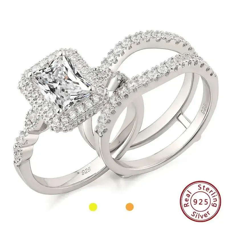 Women's Solid 925 Sterling Silver Bridal Set Rings - 6*8mm Rectangle Radiant Cut AAAAA Grade CZ Engagement Ring with Detachable Guard Ban, BR1330 Love Story Jewelry-NS, Guard Rings