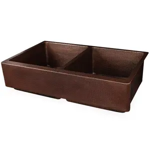 35" Hammered Copper Kitchen Apron 50/50 Double Basin Retrofit Sink