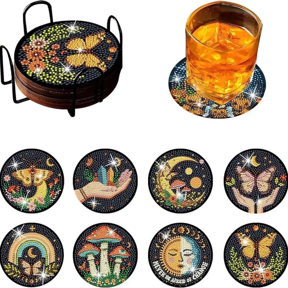 8 pieces/set of diamond art painting drink coasters with brackets, Coasters for drinks, DIY patterned diamond art coasters, suitable for adults and beginners as diamond painting sets, diamond set craft supplies, exquisite gifts for friends