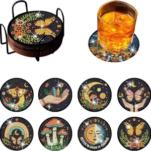 8 pieces/set of diamond art painting coasters with brackets, DIY beautiful patterned diamond art coasters, suitable for both adults and beginners as diamond painting sets, diamond set craft supplies, exquisite gifts for friends