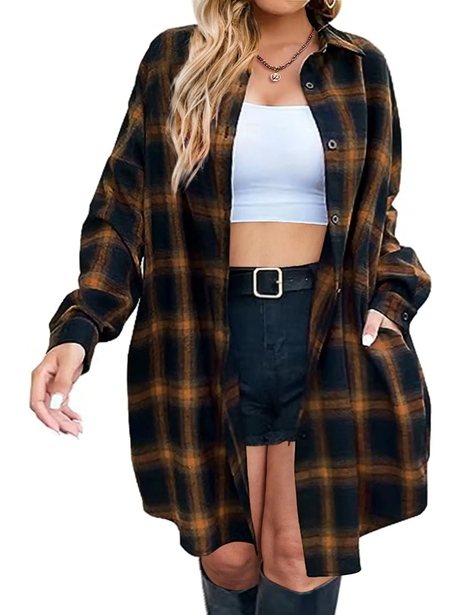 Zeagoo Womens Plus Size Plaid Flannel Shirt Long Sleeve Button Down Blouses Tops Shacket Jackets Coats with Pockets jumper jacket cardigan sweater