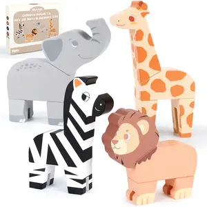 Joyreal Magnetic Jungle Animals Toy Play Set, 4 Set Wooden Building Blocks Play Set Toy, Fine Motor Montessori Game Preschool Educational Gift for Toddler