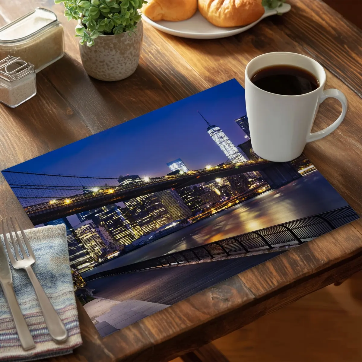 360 Stand Polyester Placemat & Coasters Set, 14x18 in, Modern Lightweight Dinnerware, City At Night Blue Building Design, Stylish Kitchen Tableware Home Decor (CPPM1418LSVXBB), Cityscape Design