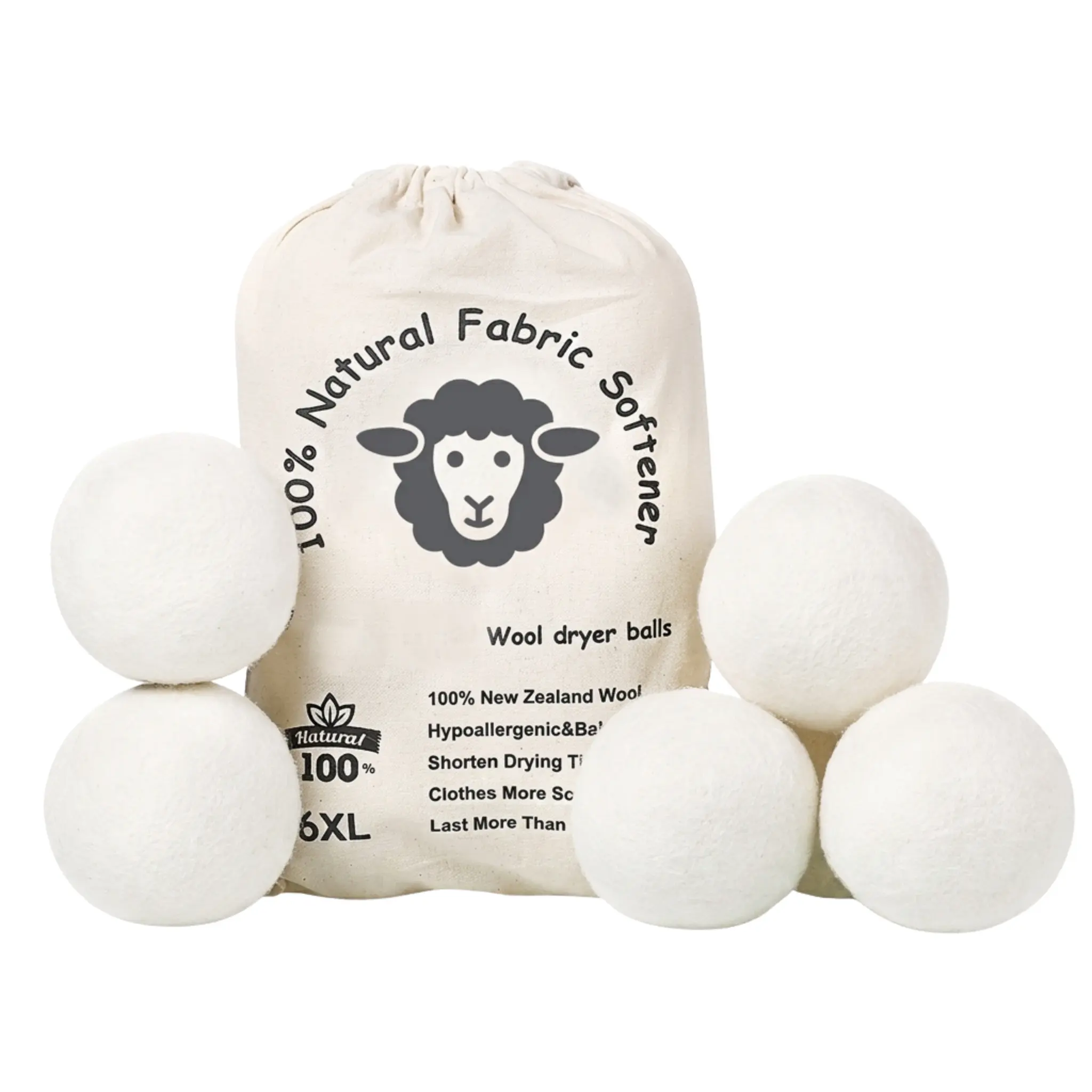 Hypoallergenic XL Wool Dryer Balls - 100% New Zealand Wool, Chemical-Free, 6-Pack Laundry Balls, Six-Pack