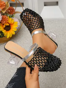 Women's Braided Crystal Heeled Slippers, Heeled Slide Sandals, Comfortable Casual Retro Sandals, Perfect for Daily Outing, Dates, Vacation, Summer Footwear