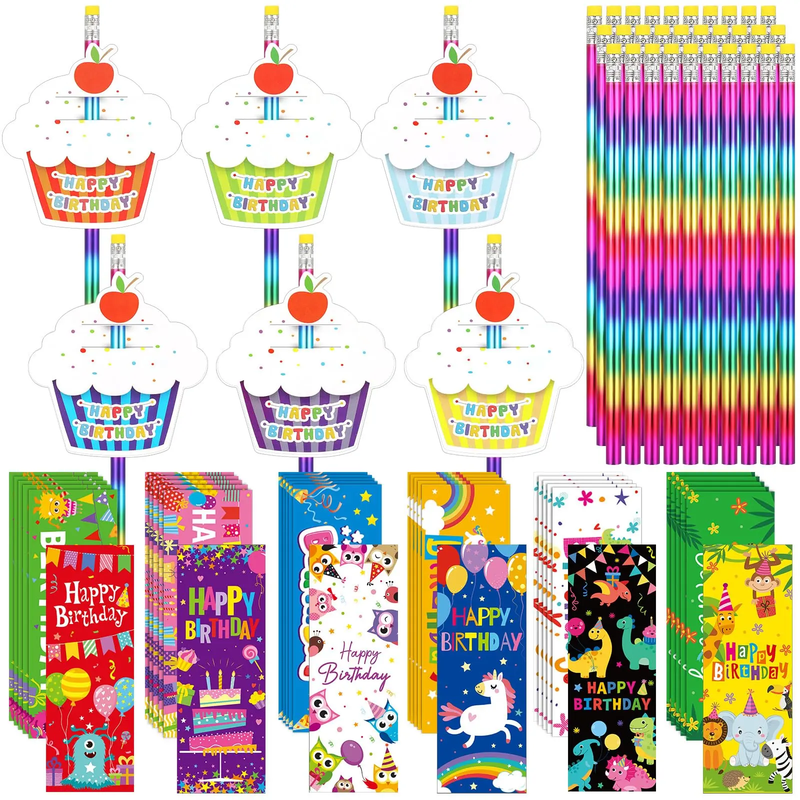 30/36PCS Back To School Classroom Birthday Pencil Gift for Kids Include 30 Cupcakes Cards 30 Rainbow HB Pencils  with Erasers 30 Birthday Bookmarks for Teacher Students Birthday Gifts First Day of School Essential supplies
