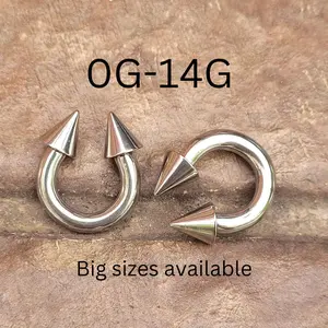 Pair Spike Cone Horseshoe Circular Barbell Ear Septum Stretching Silver Surgical Steel 0g 2g 4g 6g 8g 10g 12g 14g piercing big metal gauge