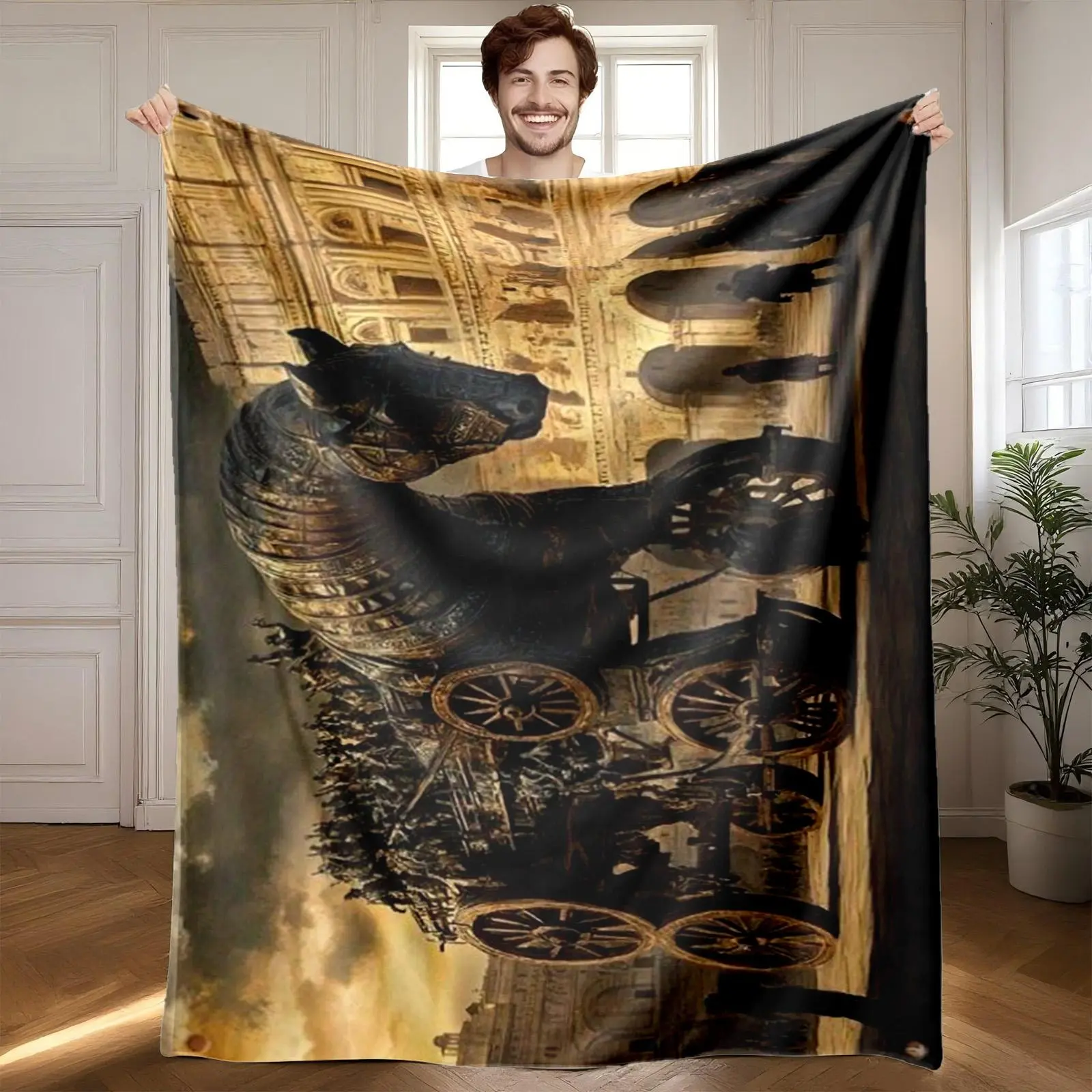 1 piece Trojan Horse and Ancient Roman Colosseum Scene_5019 themed flannel blanket - Super soft flannel blanket, suitable for beds and sofas, all-season use, modern design, digitally printed pattern, 100% polyester material, machine washable