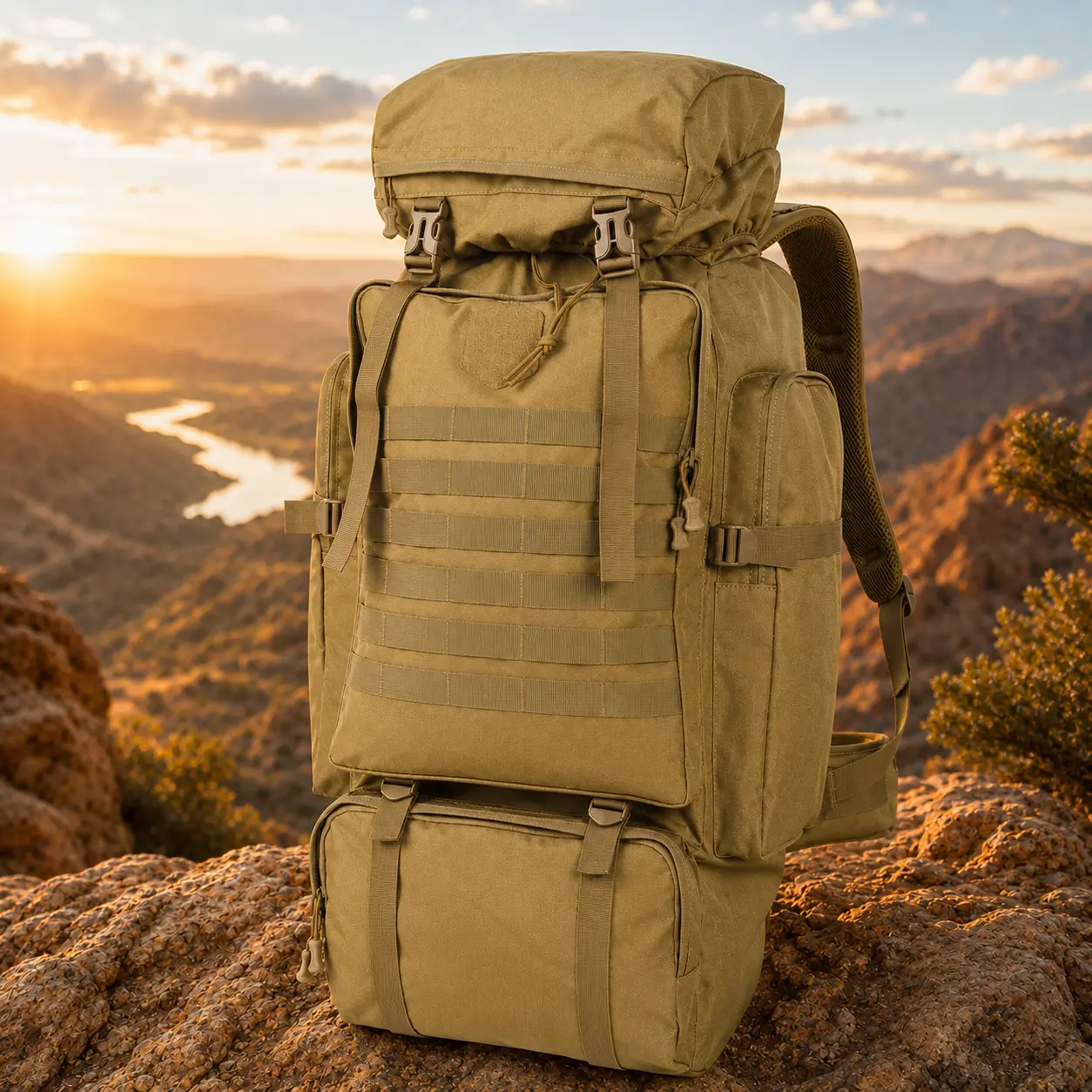 Khaki 65L Backpack 900D Oxford Fabric Tear-Resistant Water-Repellent Ideal for Outdoor Adventures,Hiking backpack,Long-distance travel,High-capacity backpack,Hunting Backpack