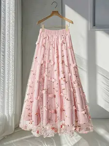 Spring Summer Lace Embroidered Floral Skirt, High Waist A-Line Long Dress, Y2K Style Bow Design, Casual & Party Wear