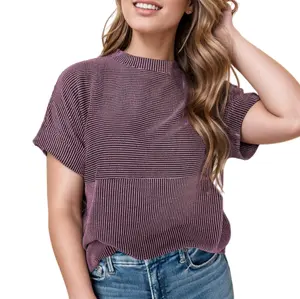Asvivid Women's Ribbed Texture T-shirt Plain Corded Knit Round Neck T Shirt Summer Tops Shortsleeve Casual Top Womenswear
