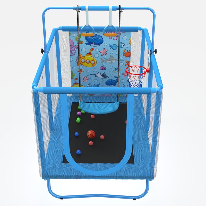 Skybound Rectangle Trampoline for Kids with Basketball Hoop, 36*55'' Indoor Outdoor Toddler Trampoline with Enclosure Net, Swing,  Ring, Ocean Balls, Small Trampoline Gift for Boys Girls, Best Gift for Kids