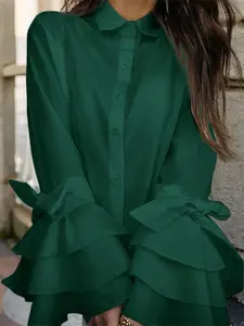 Women's Plain Button Bow Blouse, Casual Loose Long Sleeve Collared Top for Daily Wear, Ladies Clothes for All Seasons