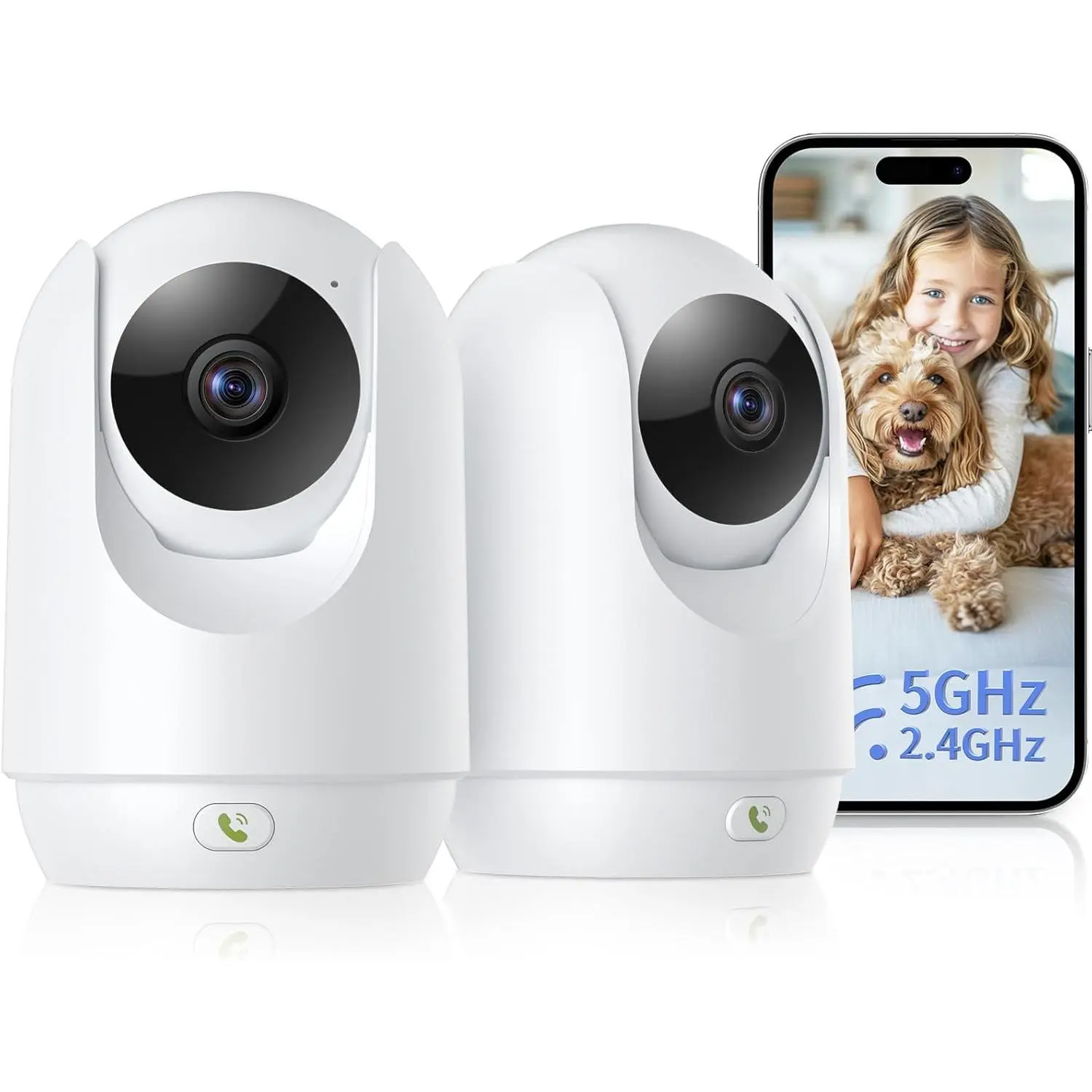 2 Pack Indoor Cameras for Home, Pet Camera with Phone App, 360?Pan/Tilt Security Camera for  Monitor, 2-Way Audio/One-Click Call/Human Detection, 2.4G&5G, Works w/Alexa &  Assistant