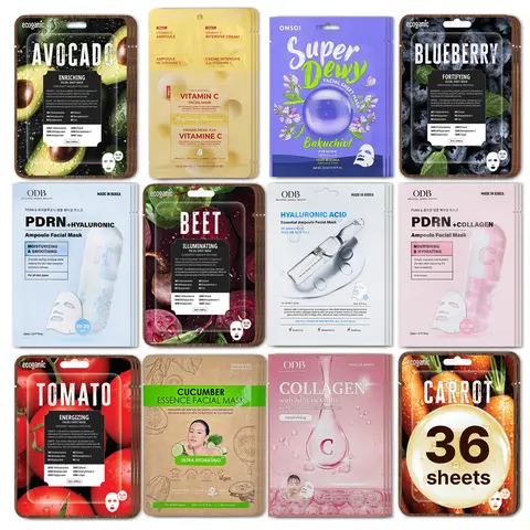 Original Derma Beauty Korean Face Mask, 36-Count Compact Assorted Multi-Pack Travel Size, Vegan Cruelty-Free Unscented Hydrating Collagen Facial Sheet, Soothing Conditioning for Dry Sensitive Acne-Prone Adult Female Skin Repair