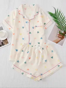 Women's Heart Print Crop Shirt & Shorts Pyjama, Casual Comfy Short Sleeve Collared Top & Shorts Matching Pj Set, Ladies Sleepwear for Summer, Loungewear, Pajamas