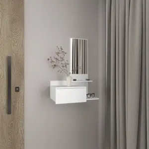 Vienna 23.6" Wide 3-Tier Shelf Floating Mirror Console Table Full Extension Drawer White