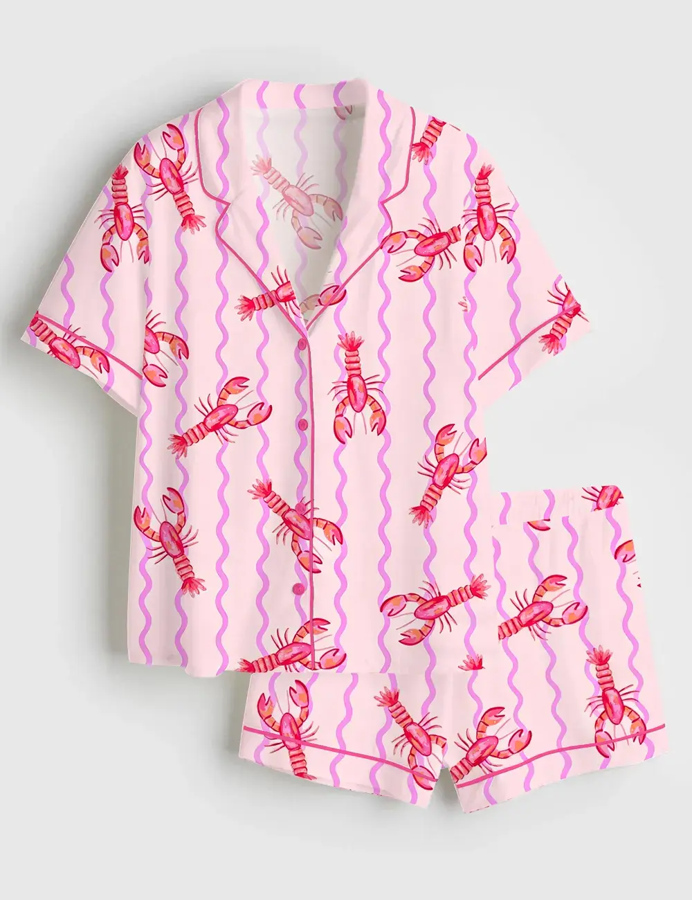 Pink Preppy Lobster Short and Long Sleeve Pajama Set Sleepwear for Women