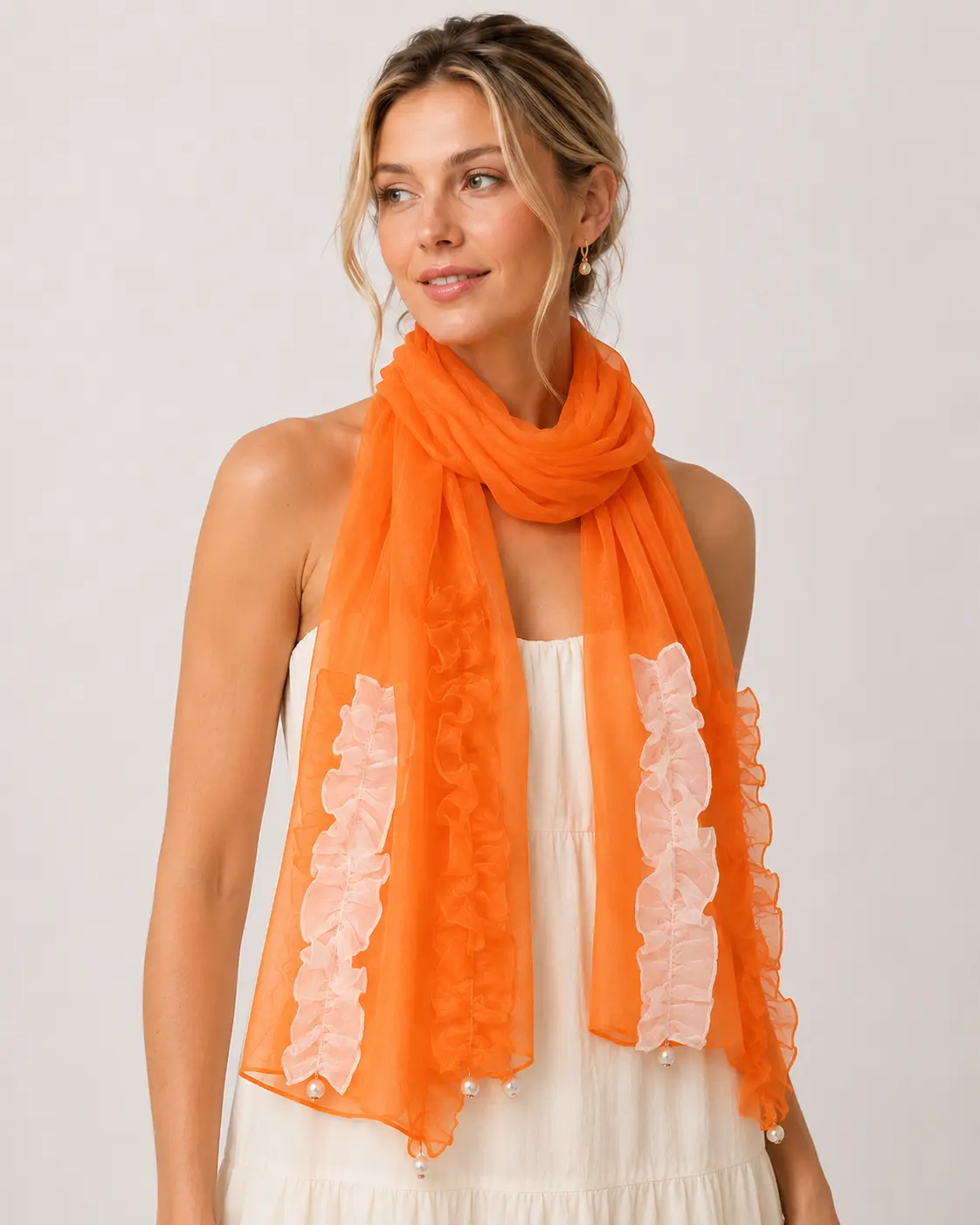 Women's Lightweight Chiffon Ruffle Scarf – Elegant Fashion Wrap with Pearl Tassel Accents for Evening Wear, Special Occasions and Everyday Styling