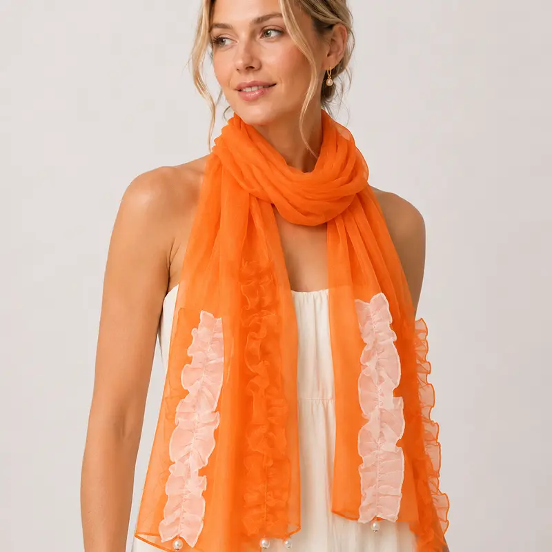 Women's Classic Feminine Ruffle Trim Scarf - Sheer Breathable Lightweight Chiffon, Long Rectangle, Pearl Tassel Accents, Chic Style Shawls for Evening Wear, Special Events
