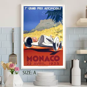 1 Piece Vintage 1935 Monaco Grand Prix Racing Poster Print - Monaco Grand Prix Logo and Classic Racing Car Frameless Square Canvas, Retro Racing Sports Wall Art, Suitable for Home, Office, Cave Decoration - Historical Souvenir