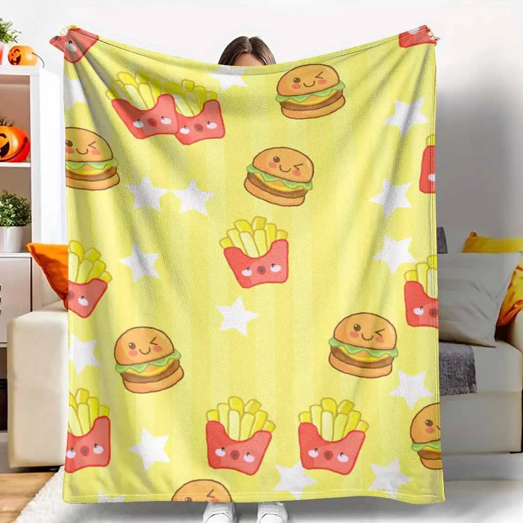 Cartoon Fast Food Print Flannel Throw - Cute Burger and Fries Design, Food Themed Blanket, Soft Comfy, Lightweight Warm for Bedroom Sofa, Ideal Gift & Home Decor, Soft Comfy Blanket