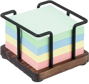 Desktop Brown Wood and Black Metal Sticky Note Cube Holder, Memo Pad Storage Dispenser
