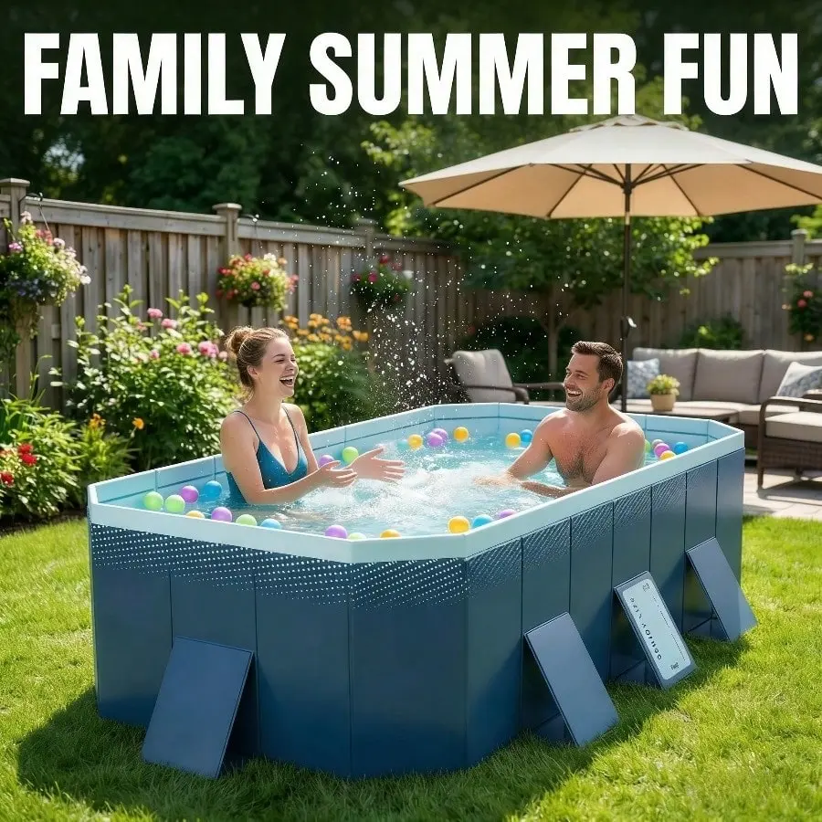 Non-Inflatable Folding Swimming Pool, 120x110in Extra-Large Outdoor Swimming Pool with Integrated Backrest, Ready for Immediate Use by Water Filling, Swimming Pools