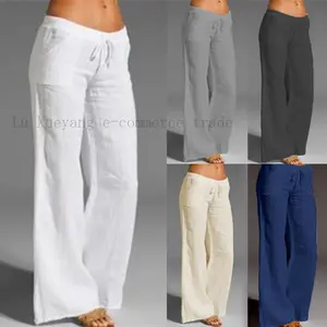 Women Cotton Linen Wide Leg Pants Fashion Elastic Drawstring Waist Straight Long Pants Loose Casual Solid Pockets Trousers Womenswear Bottom